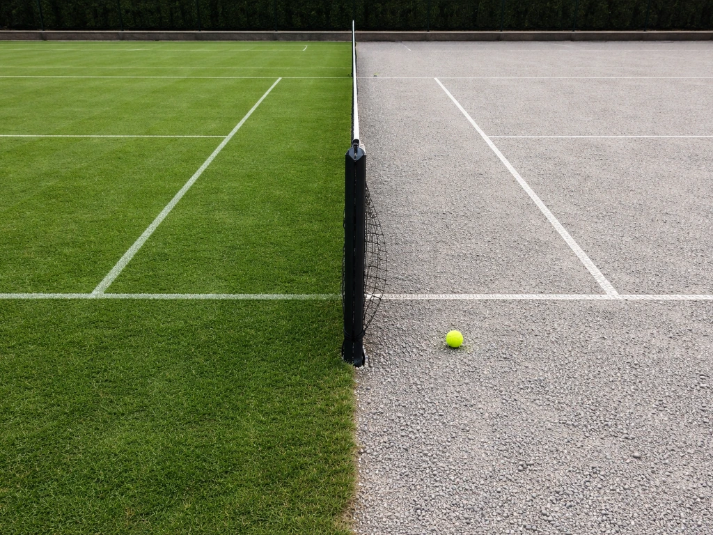 Twee tennisbanen naast elkaar: natuurgras links en gravel rechts, met net ertussen en een tennisbal op de grond.