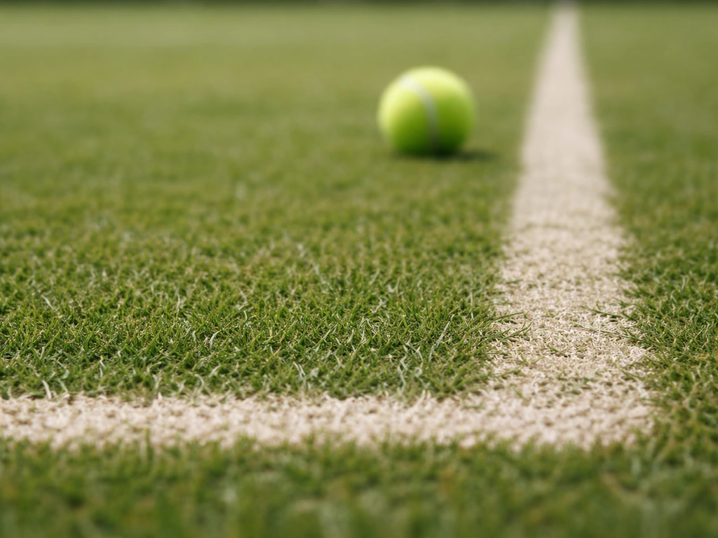 Close-up van gemaaid natuurgras van een tennisbaan met een tennisbal ter schaal.