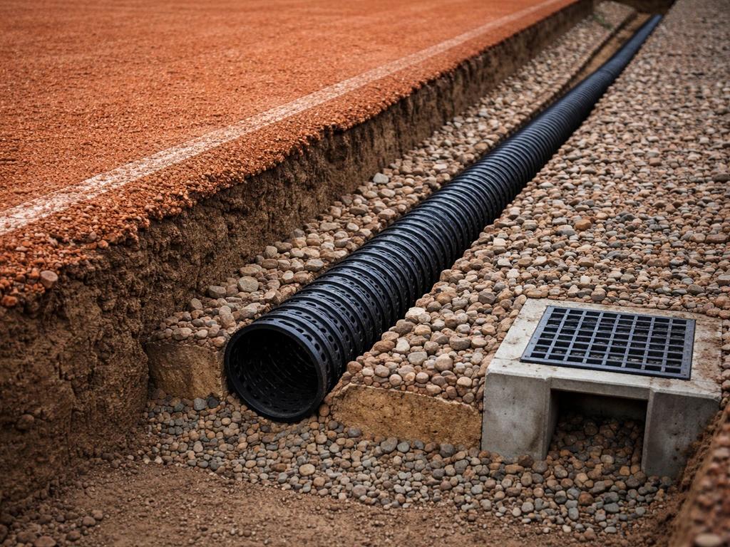 Doorsnede-achtig beeld van een gravel tennisbaan met drainagebuis en afschot naar afvoer, in minimale omgeving.