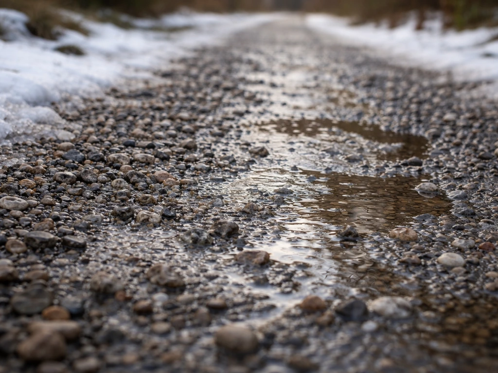 Close-up van gravel met dun ijs en dooiwater dat tussen de steentjes doorsijpelt.