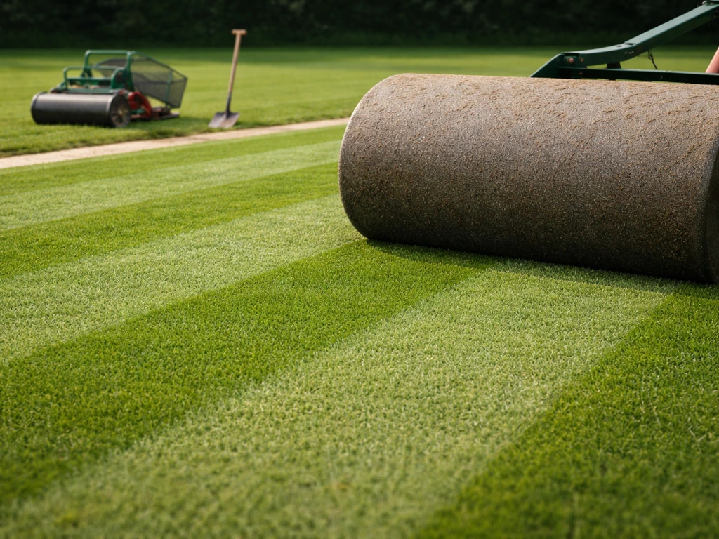 Houthakker? Nee—close-up van een grasbaan met een rolmachine en maaigereedschap op de achtergrond, zonder mensen.