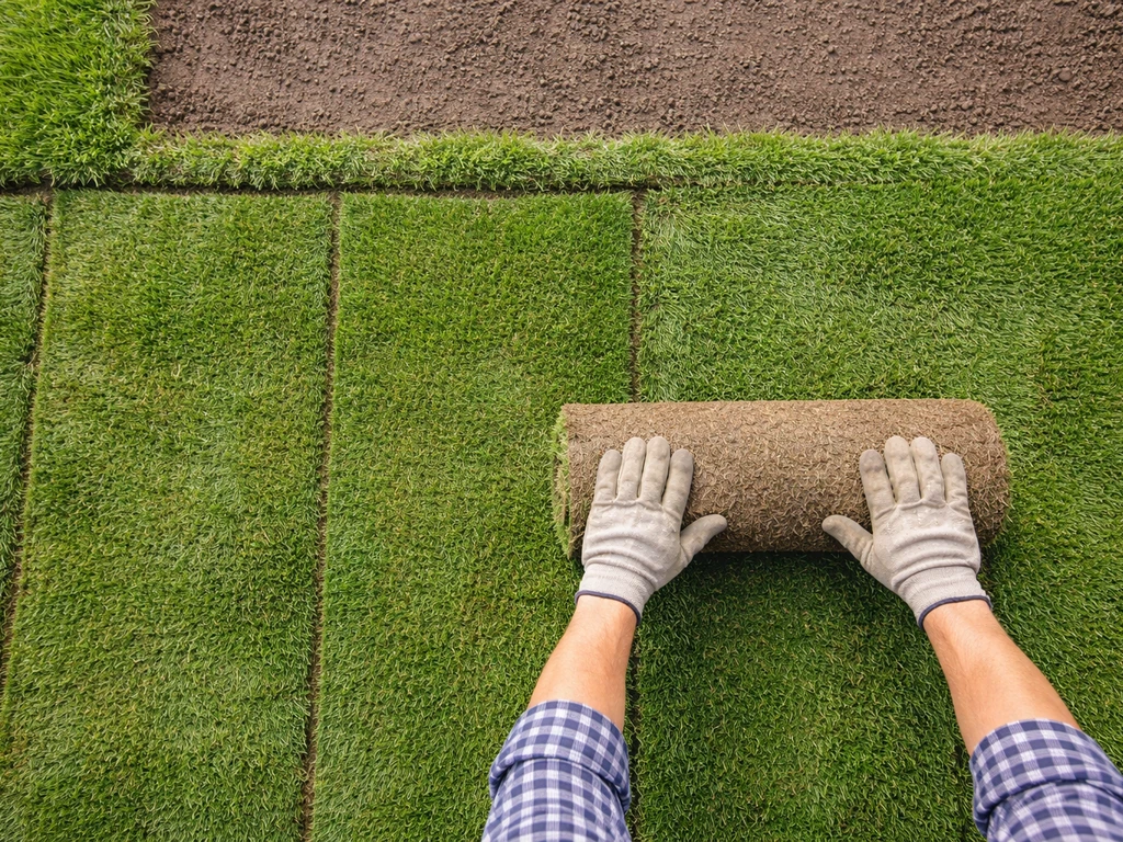 Bovenaanzicht van grasmatten die over bestaand gras worden gelegd, met zichtbare naden en voorbereide ondergrond