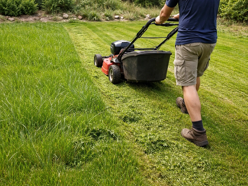 Tuinwerker maait een gazon heel kort; afgemaaid gras en viltresten liggen op de grond bij een maaimachine.