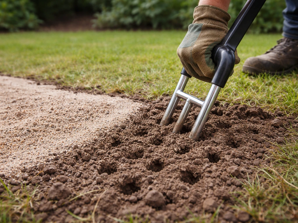 Metalen grondbeluchter prikt in de bodem, met daarna zichtbaar grof rivierzand als voorbereidende laag.