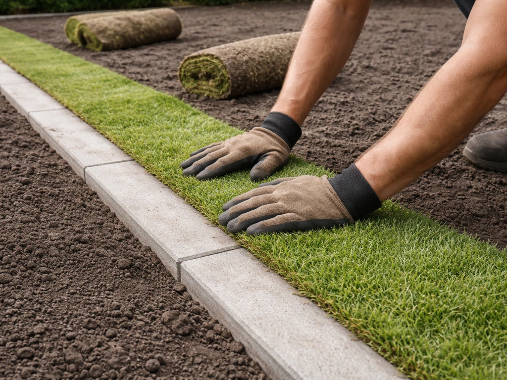 Handen drukken een eerste rij grasmatten strak aan langs een rechte opsluitband, naden sluiten mooi aan.