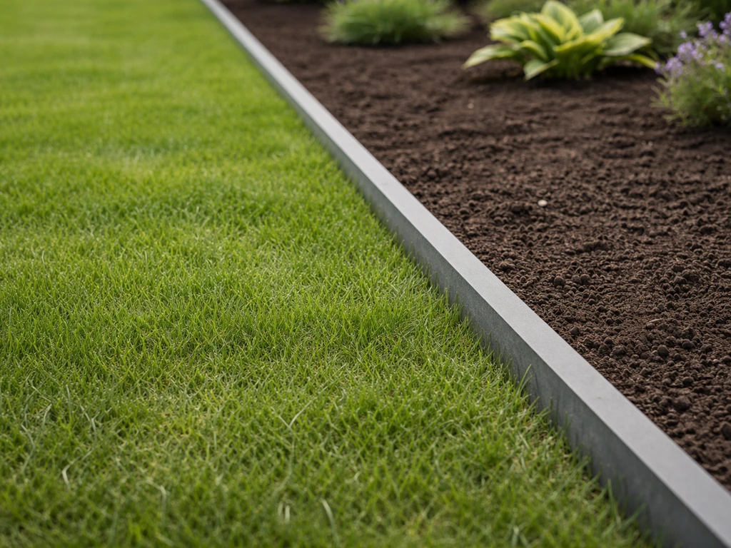 Strakke gras-border scheiding met kunststof rand, schone overgang en onkruidvrije bodem in een tuin.