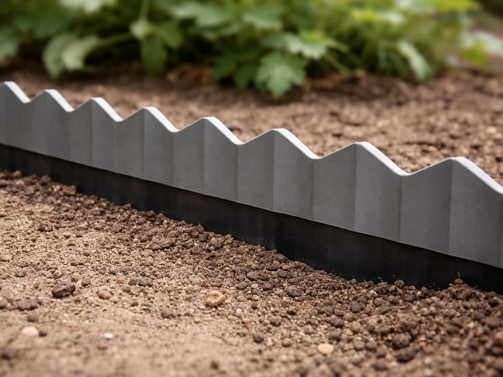 Close-up van een kunststof zigzag borderafscheiding met een onderliggende HDPE-bodembarrière in een tuin
