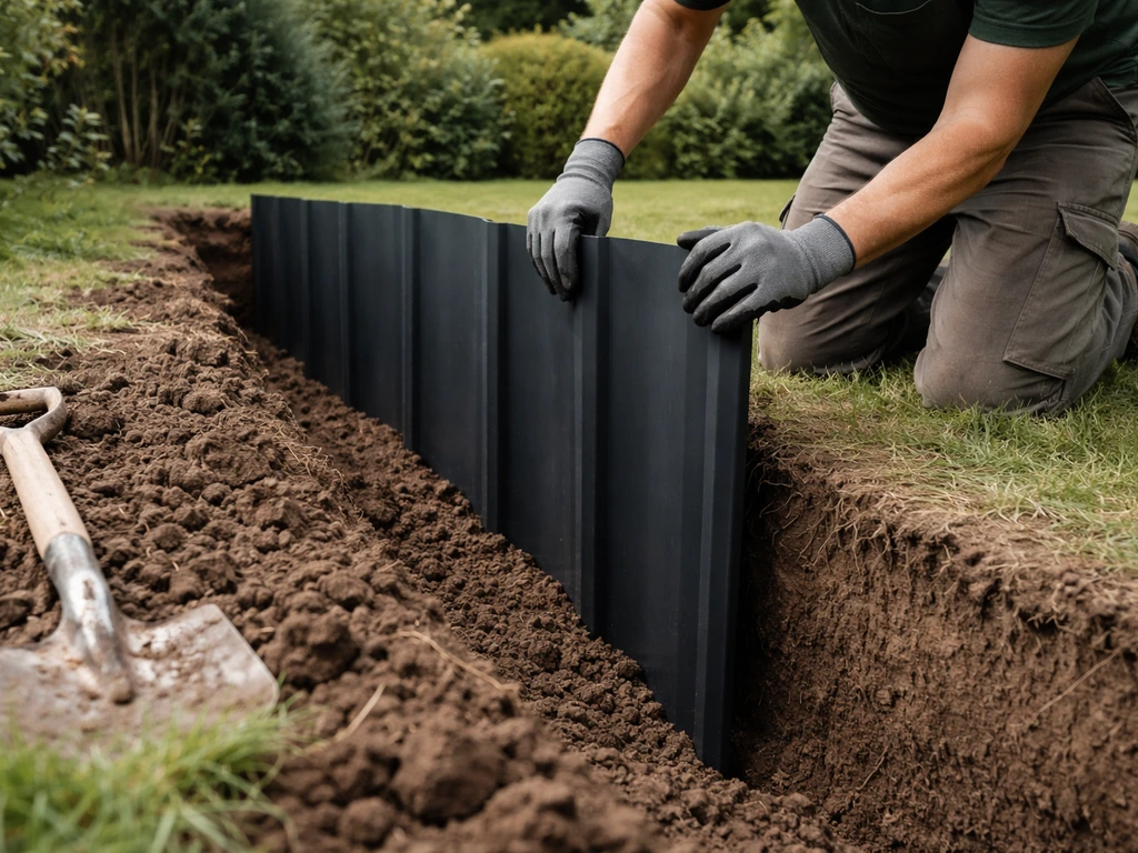 Tuinwerker plaatst HDPE wortelbarrièrepanelen verticaal in een geul langs de perceelsgrens.