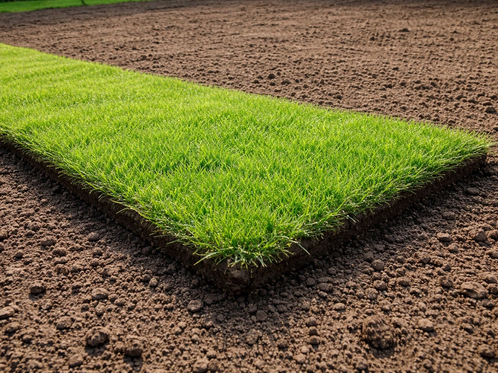 Strak gelegde graszoden naast voorbereide tuinaarde, vers gras in natuurlijk daglicht.