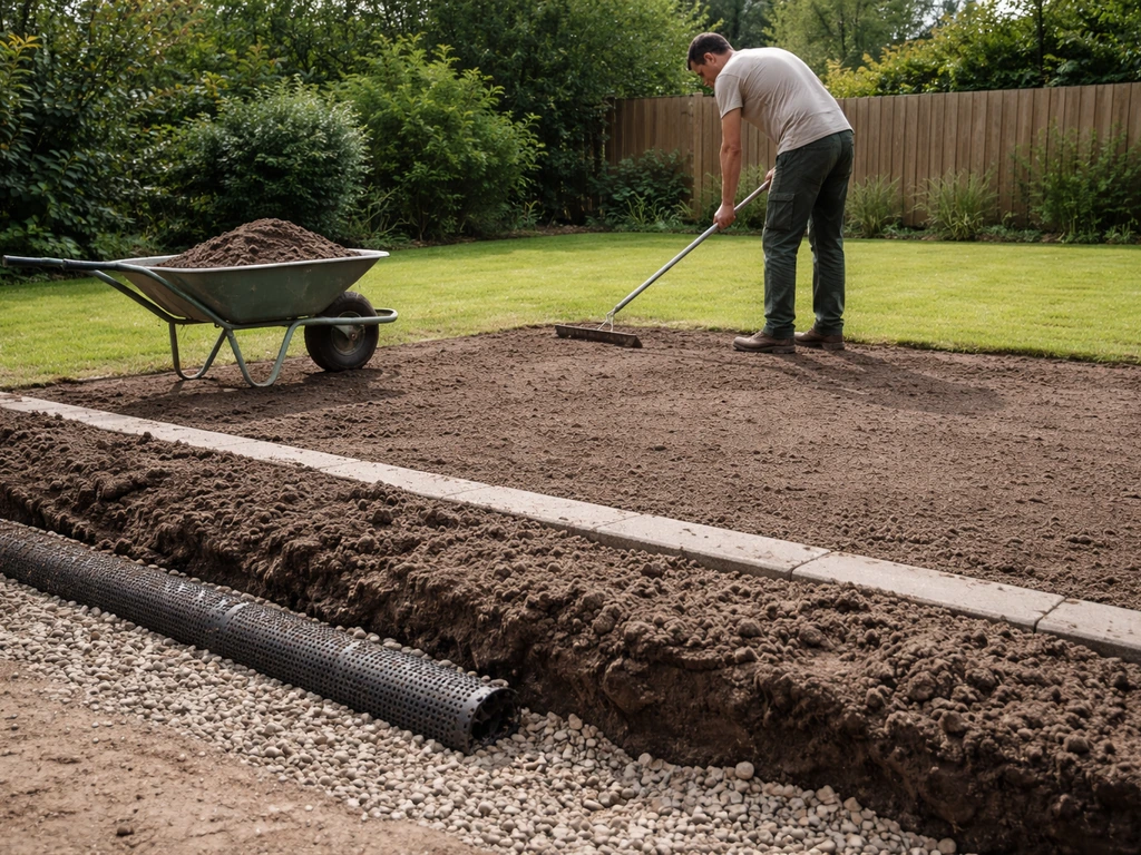 Persoon schept aarde uit tuinbed, egaliseert met hark en kruiwagen; zicht op verbeterde bodem en drainage-materiaal