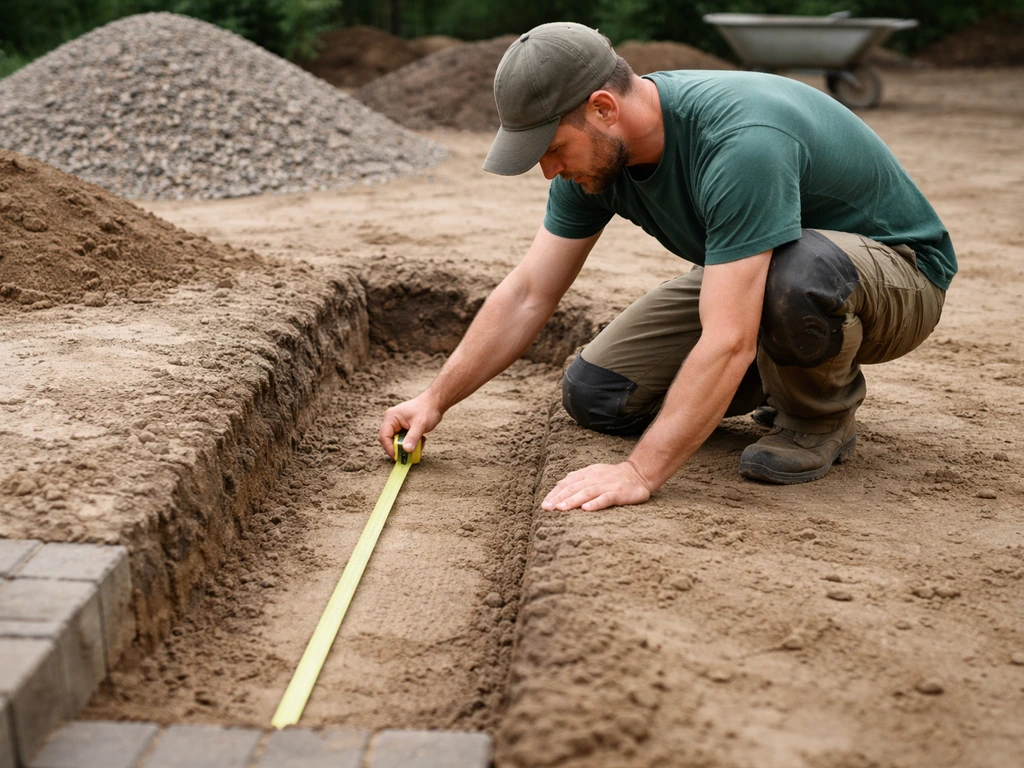 Kniezittende tuinwerker controleert de hoogte van de uitgegraven grond met een meetlat/rolmaat.