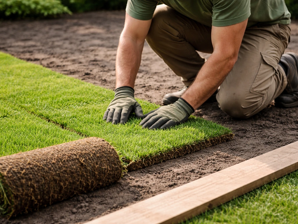 Tuinwerker legt graszoden in rechte banen, strak tegen elkaar aan, met licht vochtinge grond en rechte aanzet.
