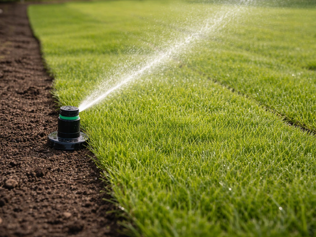 Gieterbare sproeier die vers gelegde graszoden besproeit, met nieuwe tuinbodem op de achtergrond