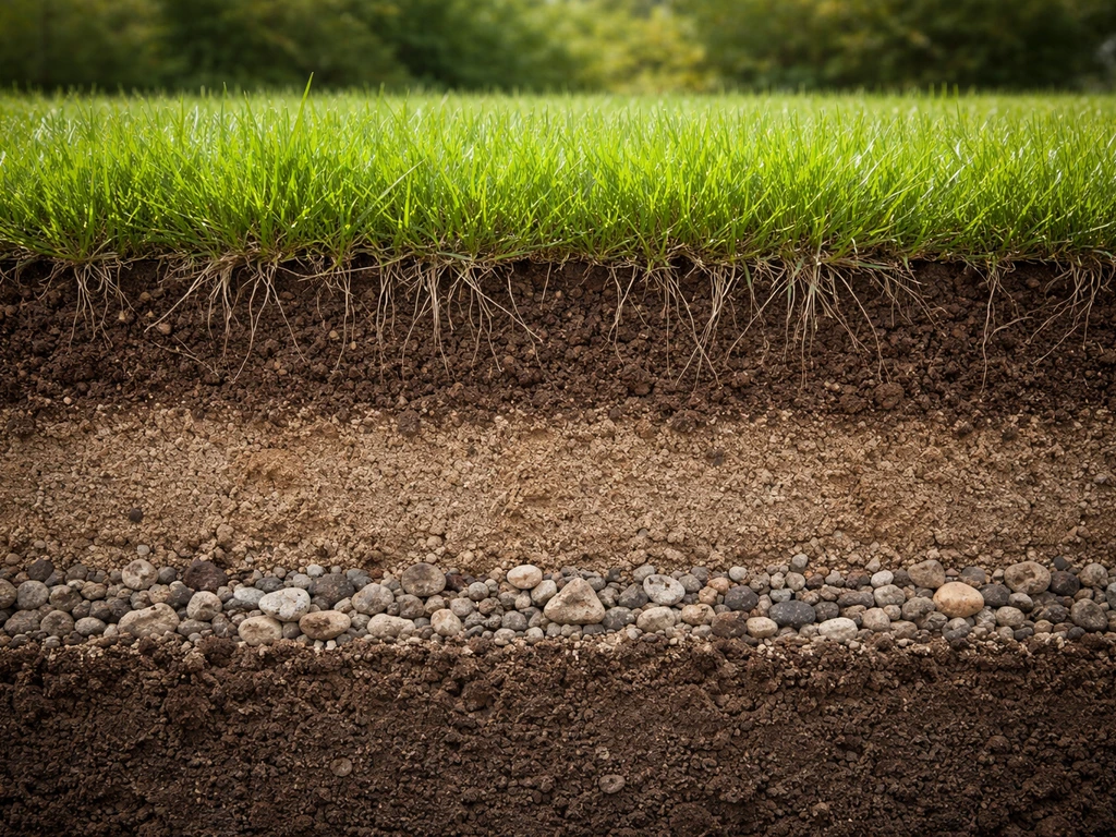 Dwarsdoorsnede van tuinbodem met zichtbare wortelzone, verdichte laag en drainage onder een gezonde grasmat.