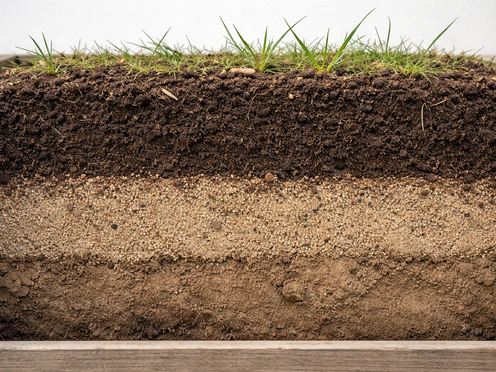 Bodemprofiel van een gazon met toplaag (±20 cm) en diepere grondlagen, zichtbaar en realistisch.