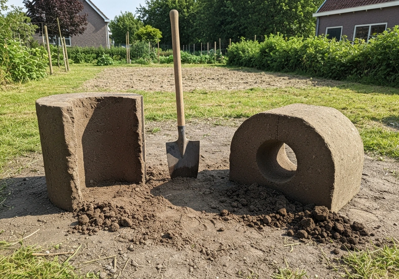 Opengegraven kuil met spade in de grond, waarbij losse en klonterige bodemstructuur zichtbaar is