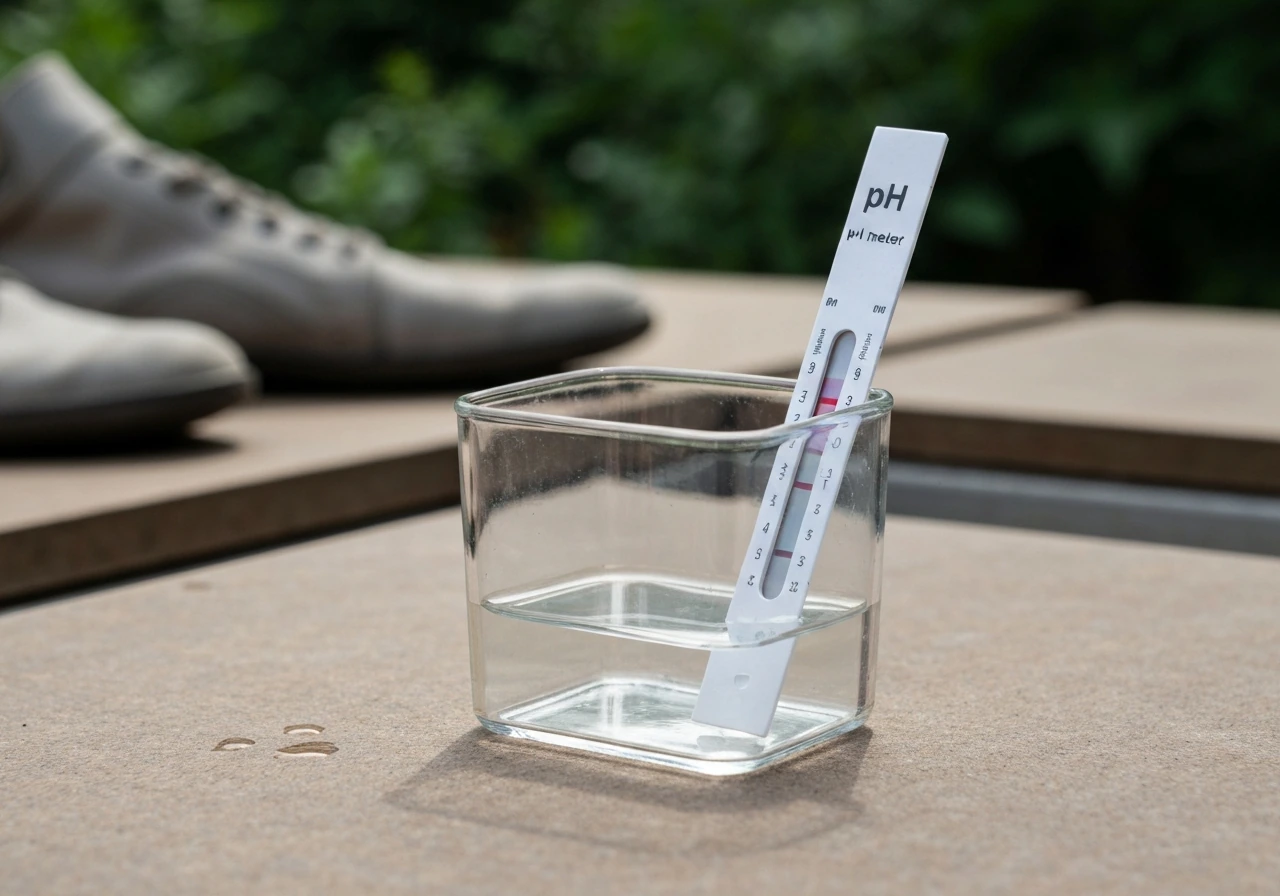 Close-up van een pH-testset in een klein bakje met bodemwater voor het meten van de zuurgraad
