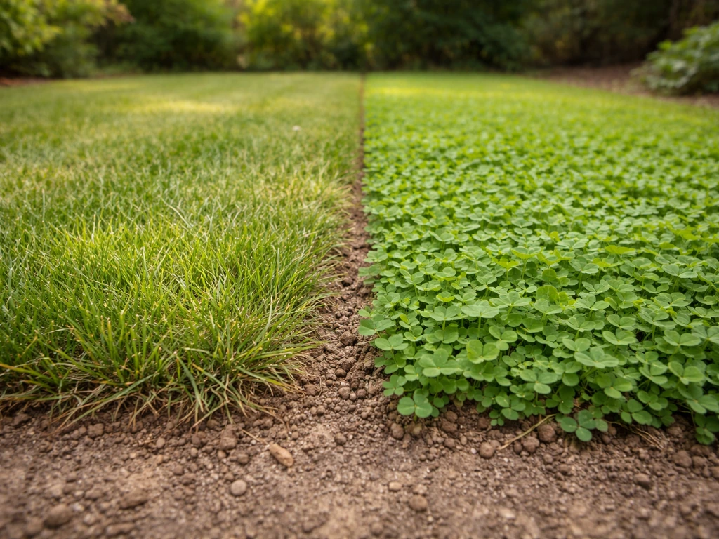 Tuin met echte grasmat naast een alternatief in de vorm van een klaverperceel, focus op bodem en zonlicht.