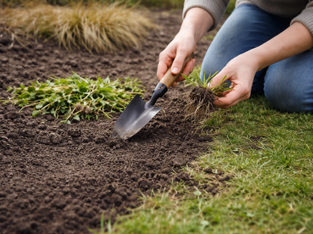Tuinman schept onkruid met wortel weg, waardoor de grond schoon en leeg is voor de maaisellaag.