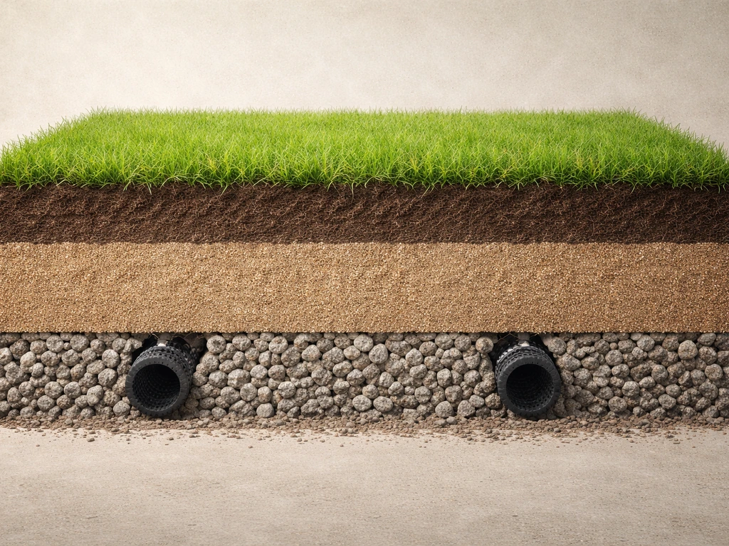 Realistische doorsnede van een gras-tennisbaan met drainage-, egalisatie- en toplaag in elkaar.