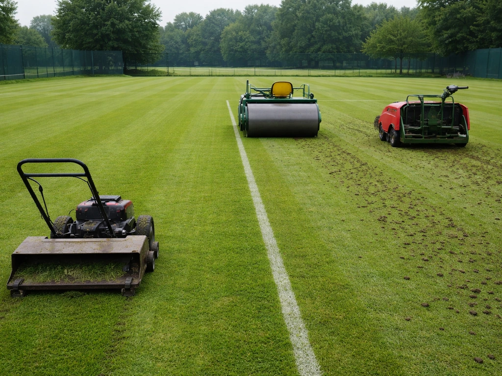 Tennisgrasbaan in onderhoud: maaier, rol en beluchtingsmachine op dezelfde grasmat.