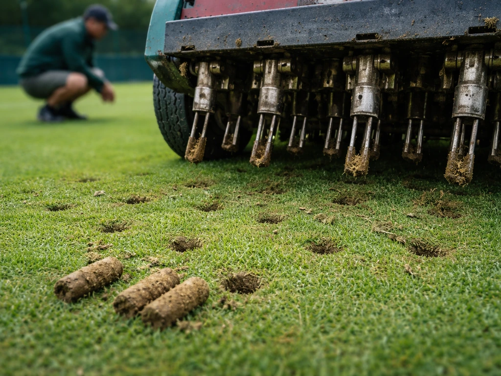 Tennisbaan-aerator trekt bodemkernen uit de grasmat; zichtbare boorgaten en achtergebleven gras.