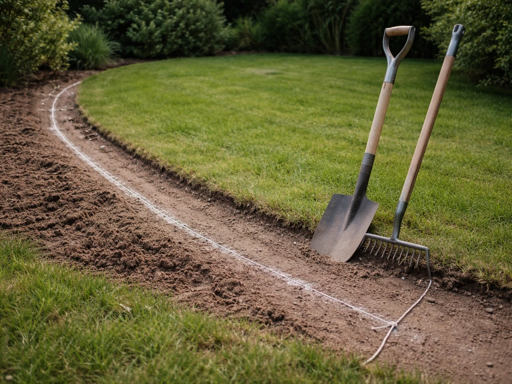Strak opgespannen touw en tuinkrijt/zand langs een grasrand, met schop bij de plek voor de sleuf
