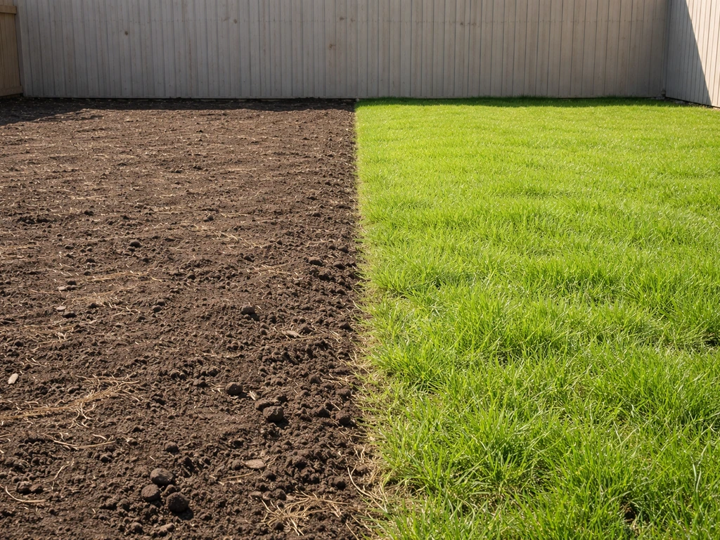 Minimalistische tuin met twee stroken: kale grond en ander stuk met nieuw gras, klaar om te renoveren of aanleggen.