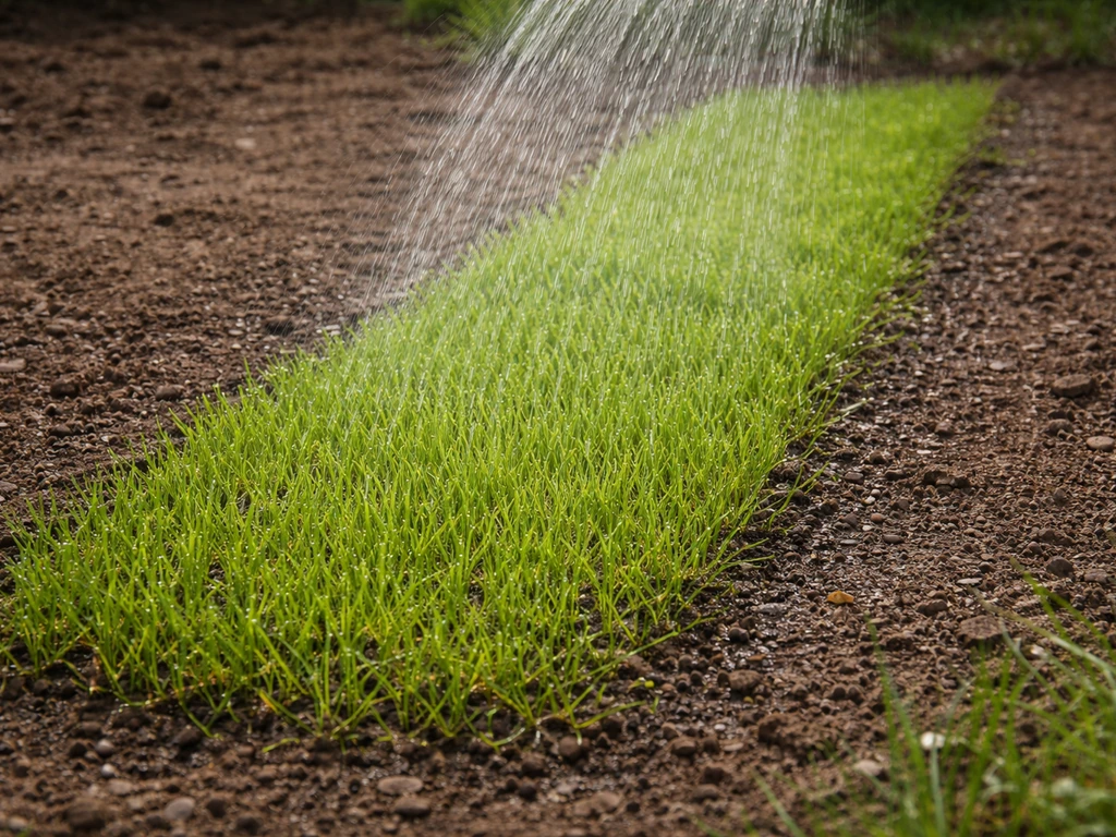 Vers ingezaaide grasstrook met fijne beregening uit een sproeier, bodem vochtig maar geen plassen.