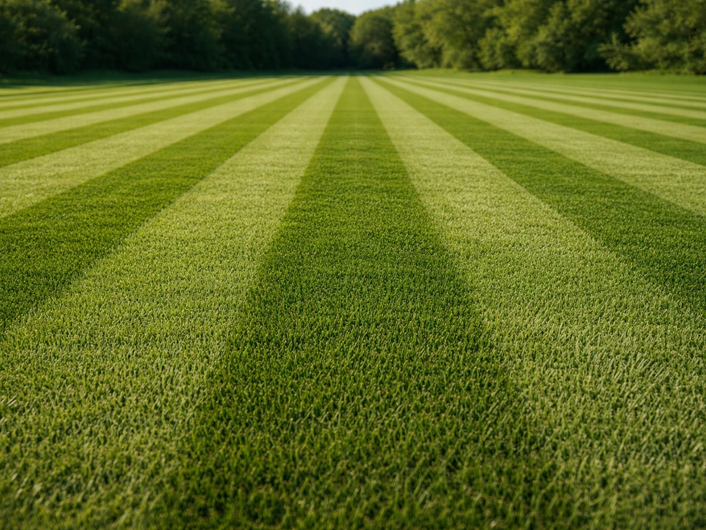 Laag geschoten gazon met scherpe, parallelle light-donker grass stripes, leeg en minimalistisch.