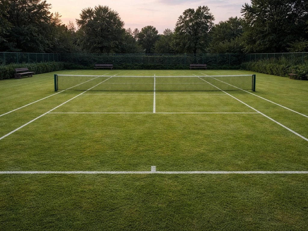 Brede foto van een gras-tennisbaan in Nederland, met net, lijnmarkeringen en licht nat, goed gedraineerd speelvlak.