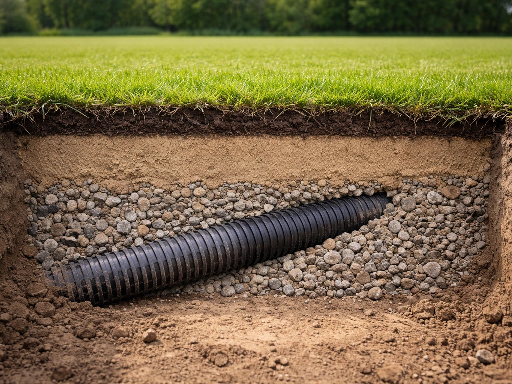 Doorsnede van tennisgrasbaan met lagenopbouw en drainagebuis in grindpakket, realistische bouwsituatie.
