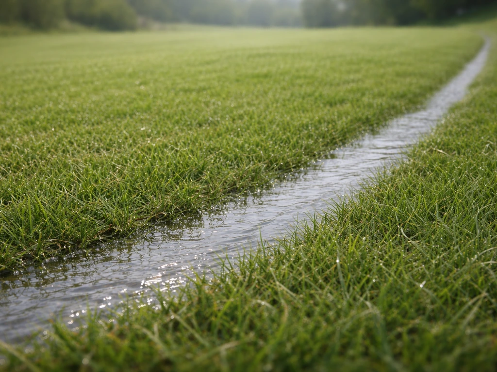 Close-up van een licht aflopend grasveld met zichtbare afvoer richting de zijkant, vlakheid en afschot zichtbaar.