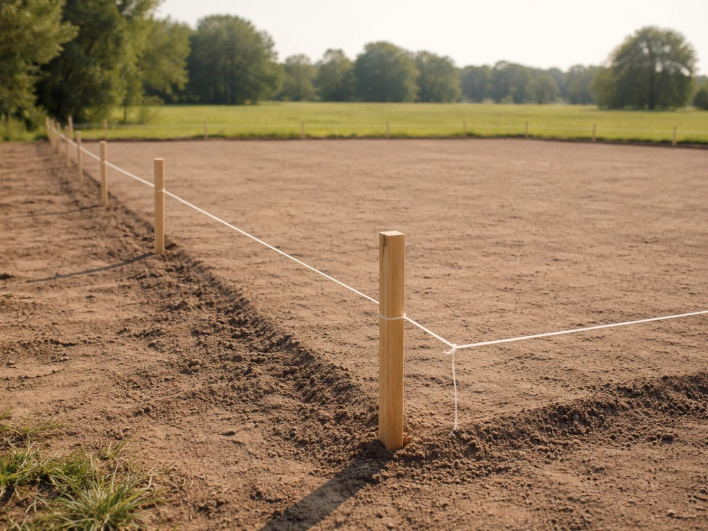 Golf-/hockeyveld in opbouw met piketten en koord langs de contouren op kale ondergrond