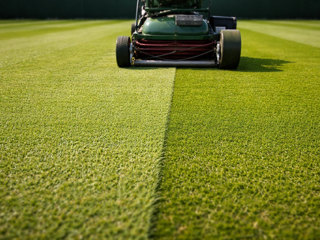 Rolmaaier op een tennisgrasbaan met korte maaihoogte en scherpe snede in wisselende rijrichting