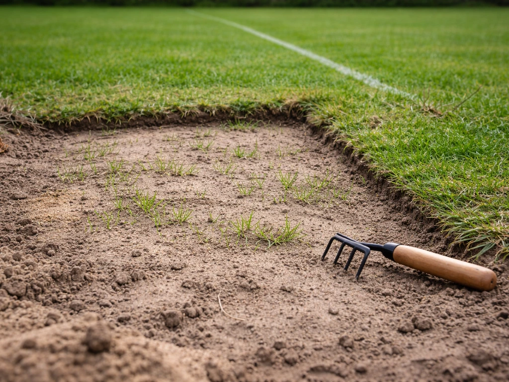 Kale grasplek langs een basislijn met teruggelegde zode/ingezaaid gras en opgewerkt zand.