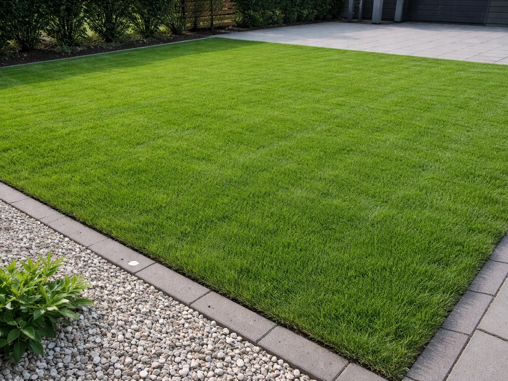 Nieuw aangelegd, fris groen grasveld met strakke randen langs een terras in een Nederlandse tuin.