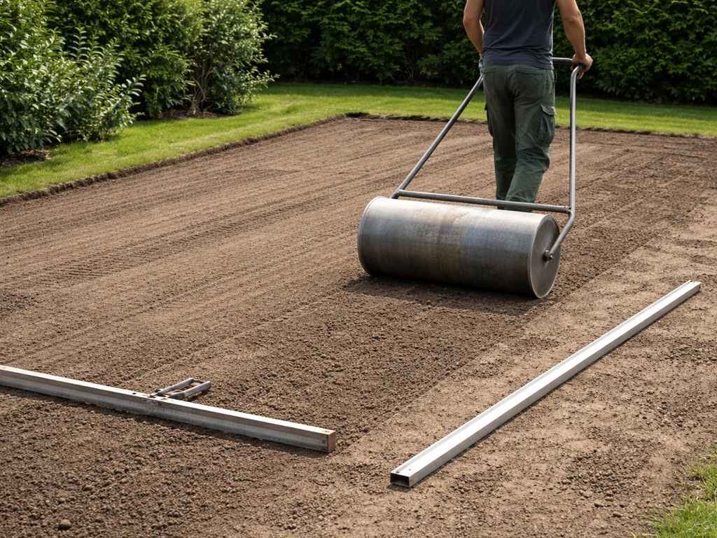 Liniaal en tuinwals naast een langhark op een net geëgaliseerd zaaibed voor nieuw gras