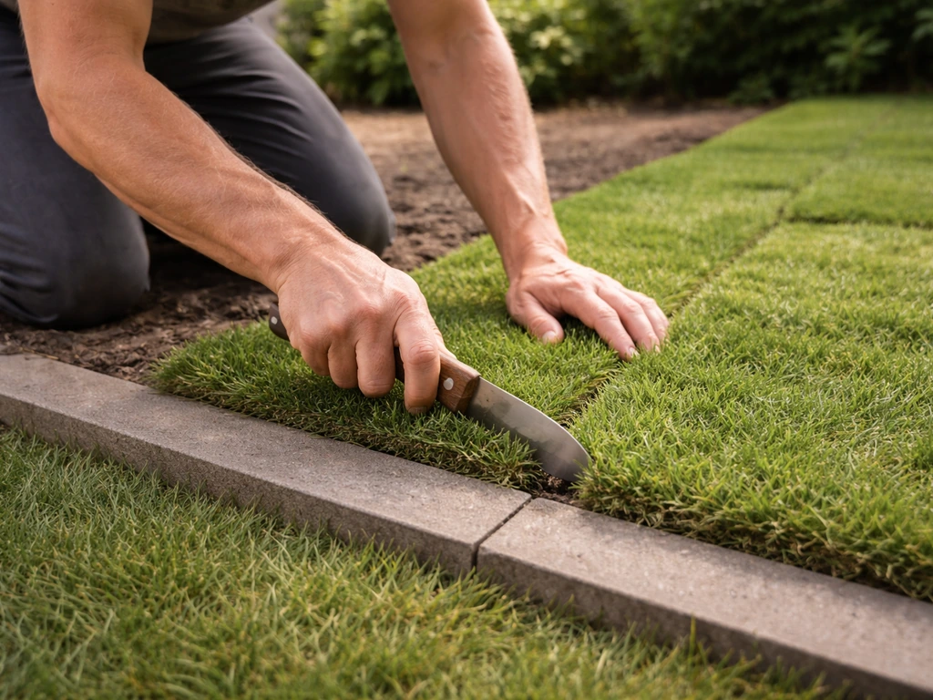 Tuinman legt graszoden strak langs een rechte rand, naden verspringend met een handtuinmes in de tuin