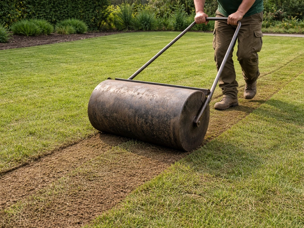 Tuinwals die over vers ingelegd gazon rolt, direct na aanleg voor beter wortelcontact.