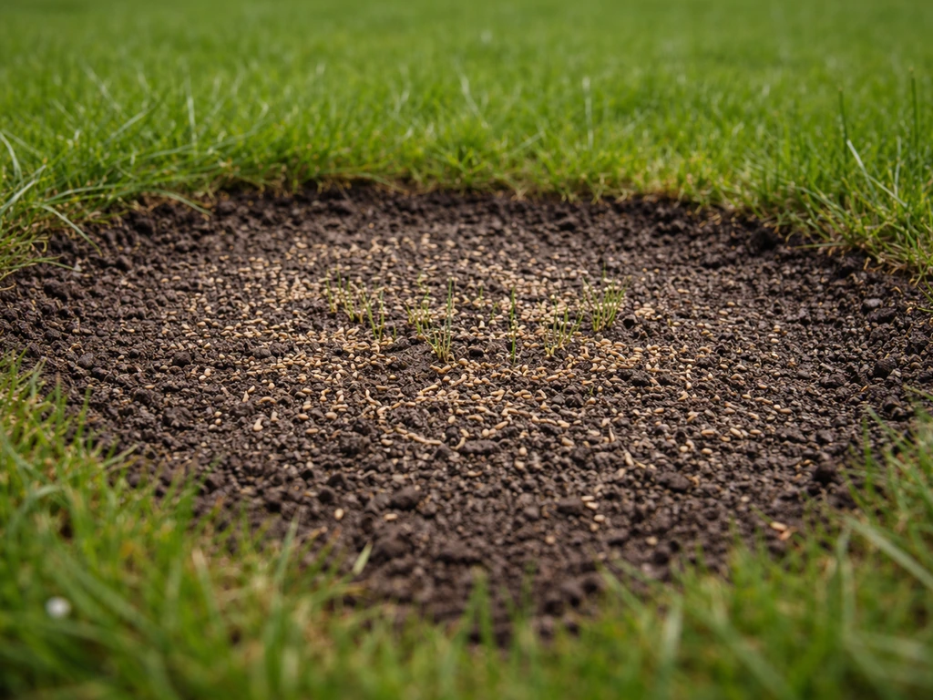 Opengeharkte plek in het gras met nieuwe teelaarde en vers ingezaaid graszaad, licht beregend