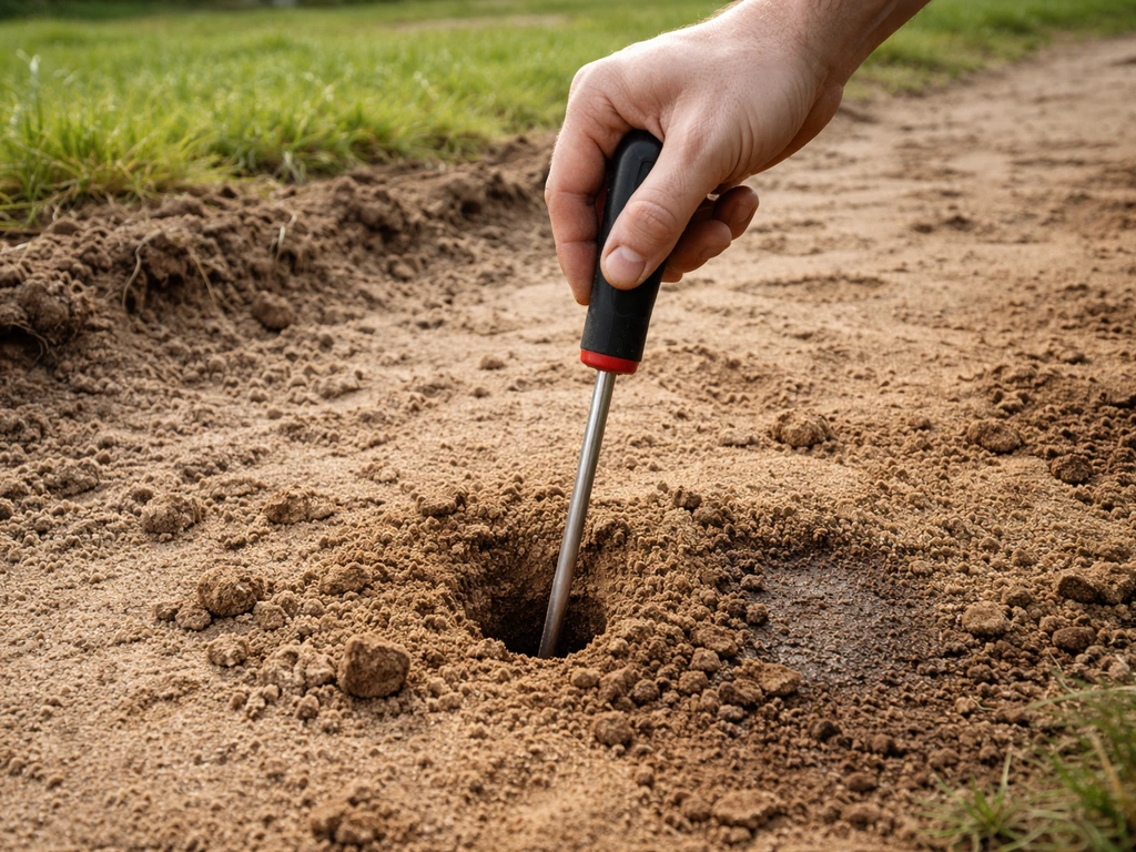 Hand met prikstok prikt 30 cm in de grond; zicht op losse/zanderige aarde en vochtige plek voor een pad.