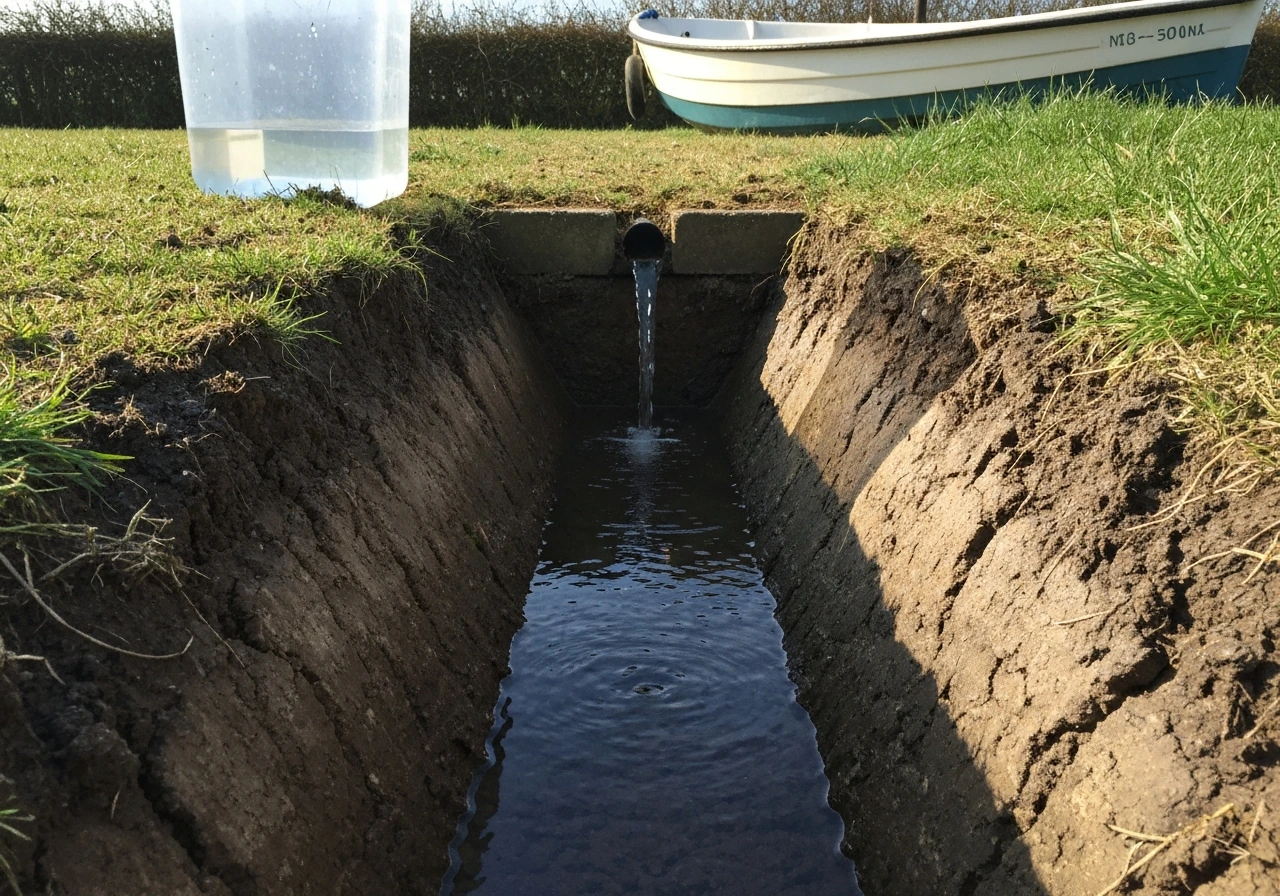 Uitsparing in de grond waar water in zakt, met een emmer-testsetup op de achtergrond.