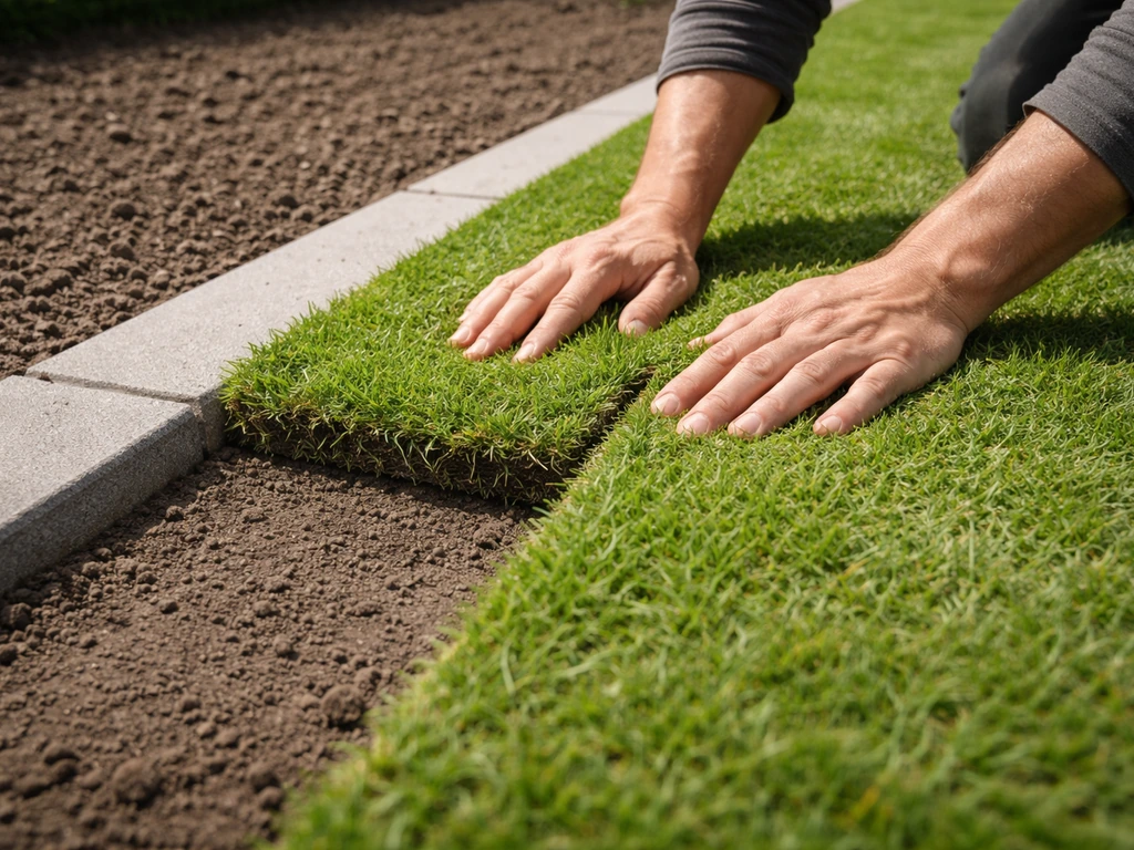 Twee rijen graszoden strak langs een rechte referentielijn, klaar om aan te rollen op een padrand