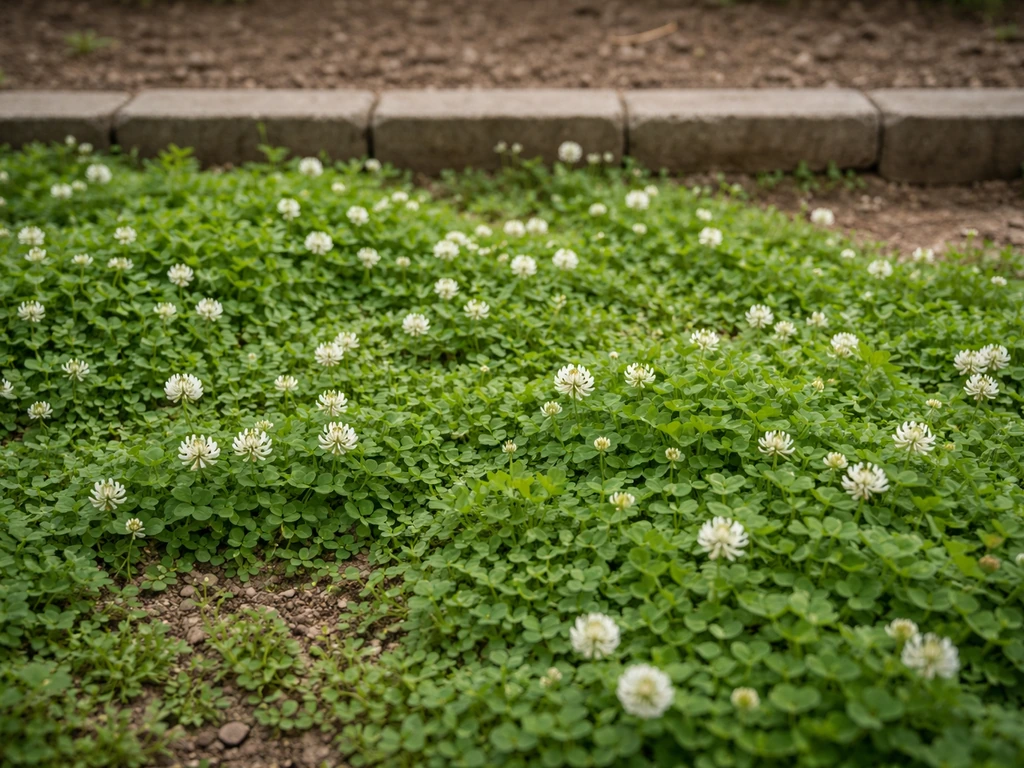 Kleine Nederlandse tuin met witte klaver en lage bodembedekkers als alternatief voor gras