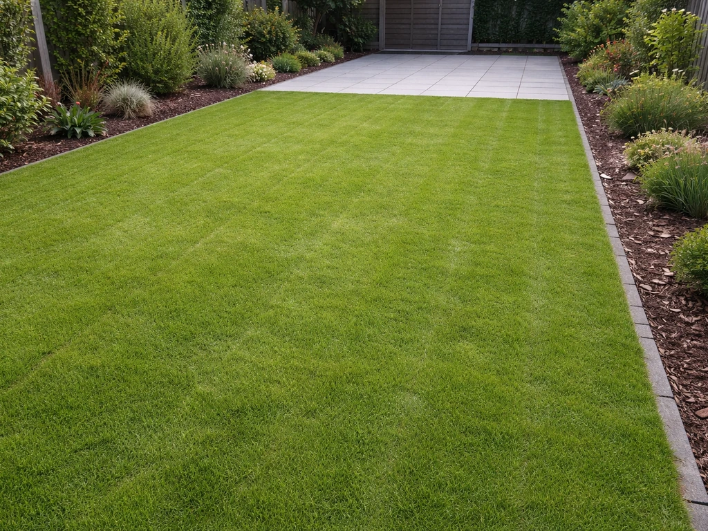 Vers aangelegd nieuw grasveld in een Nederlandse tuin, egale grasmat tot aan terras en border.