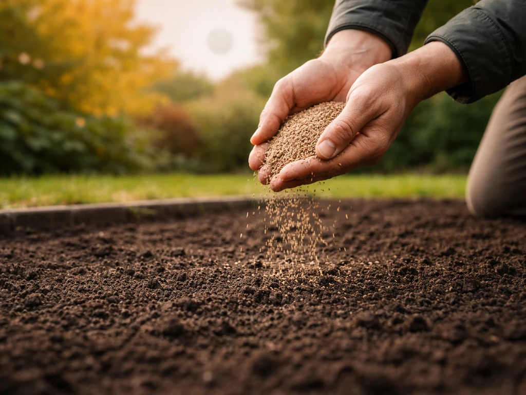 Hand strooit graszaad op verse grond, met een simpele kalenderachtige planning op de achtergrond via schaduw, zonder tek