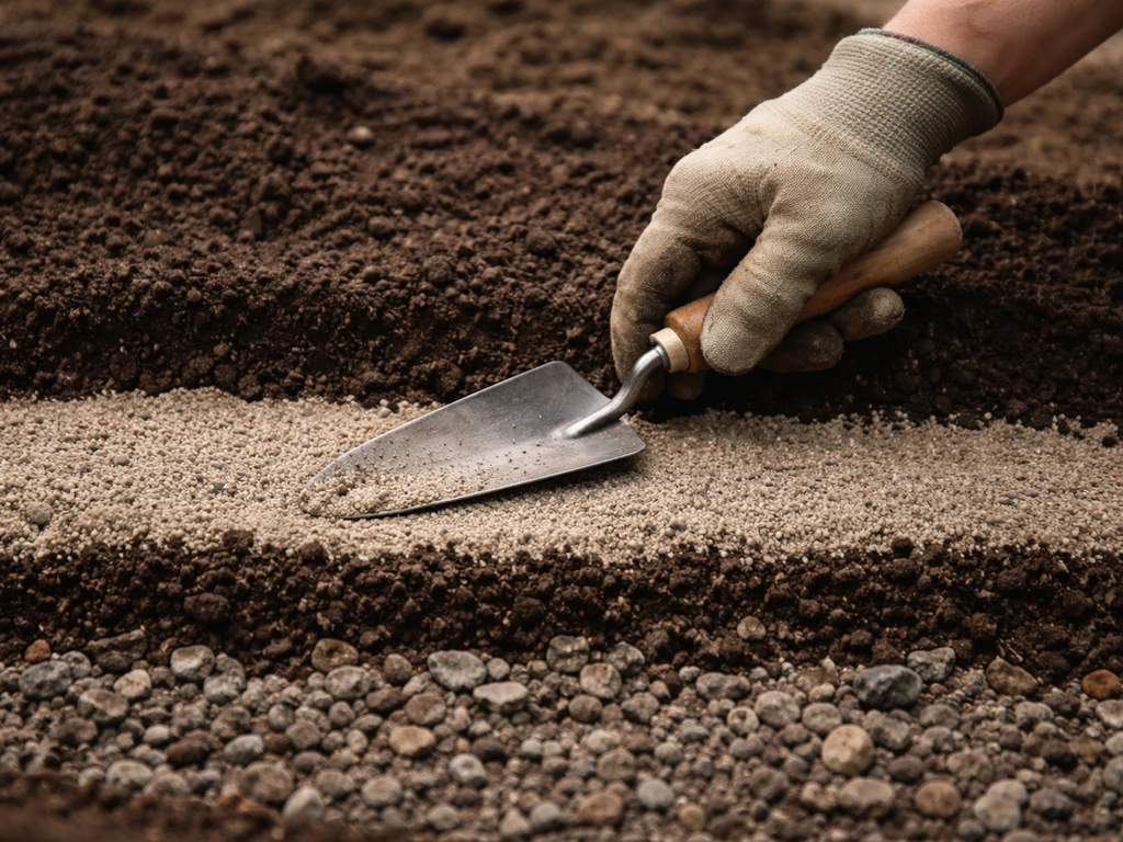 Close-up van gelaagde tuingrond met grind als drainage en teelaarde die vlak wordt geëgaliseerd.