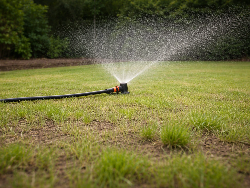 Nieuw aangelegd gazon met sproeier/beregeningsslang en een klein stukje gemaaid gras na aanleg