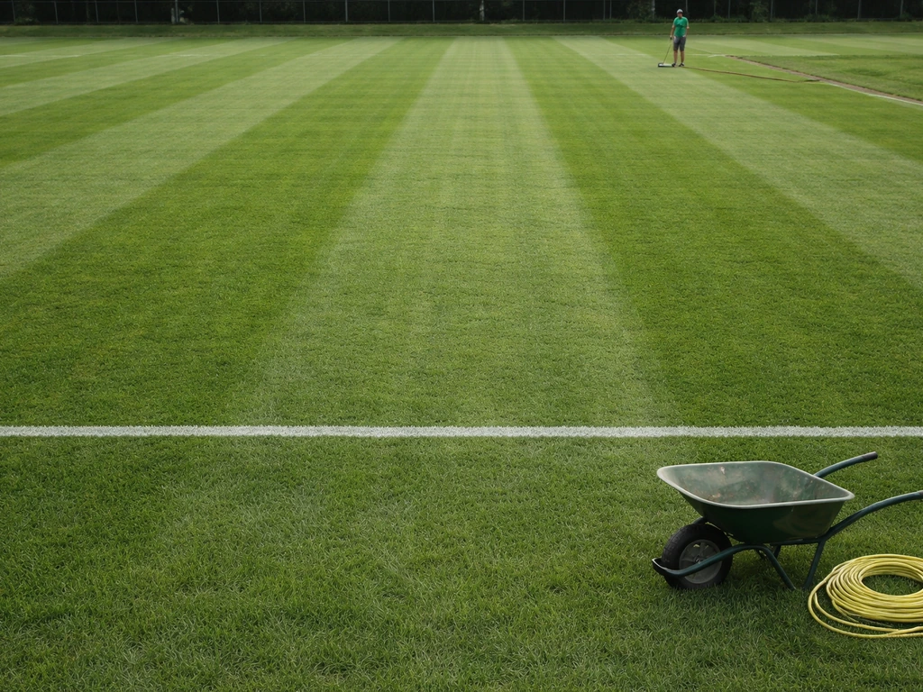 Bovenaanzicht van een grasvoetbalveld met lichte en donkere banen, met onderhoudswerk op de achtergrond.
